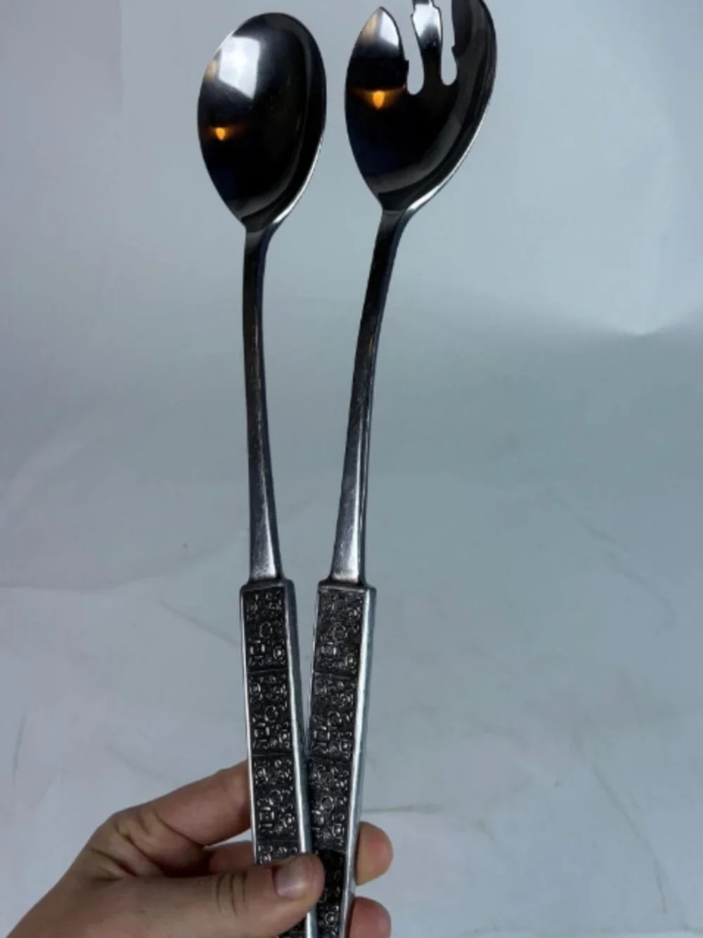 Vintage Stanley Roberts Stainless Japan Salad Serving Set MCM Floral Flatware